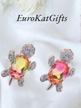 Crystal CZ Gemstone Turtle Stud Earrings NEW NWT